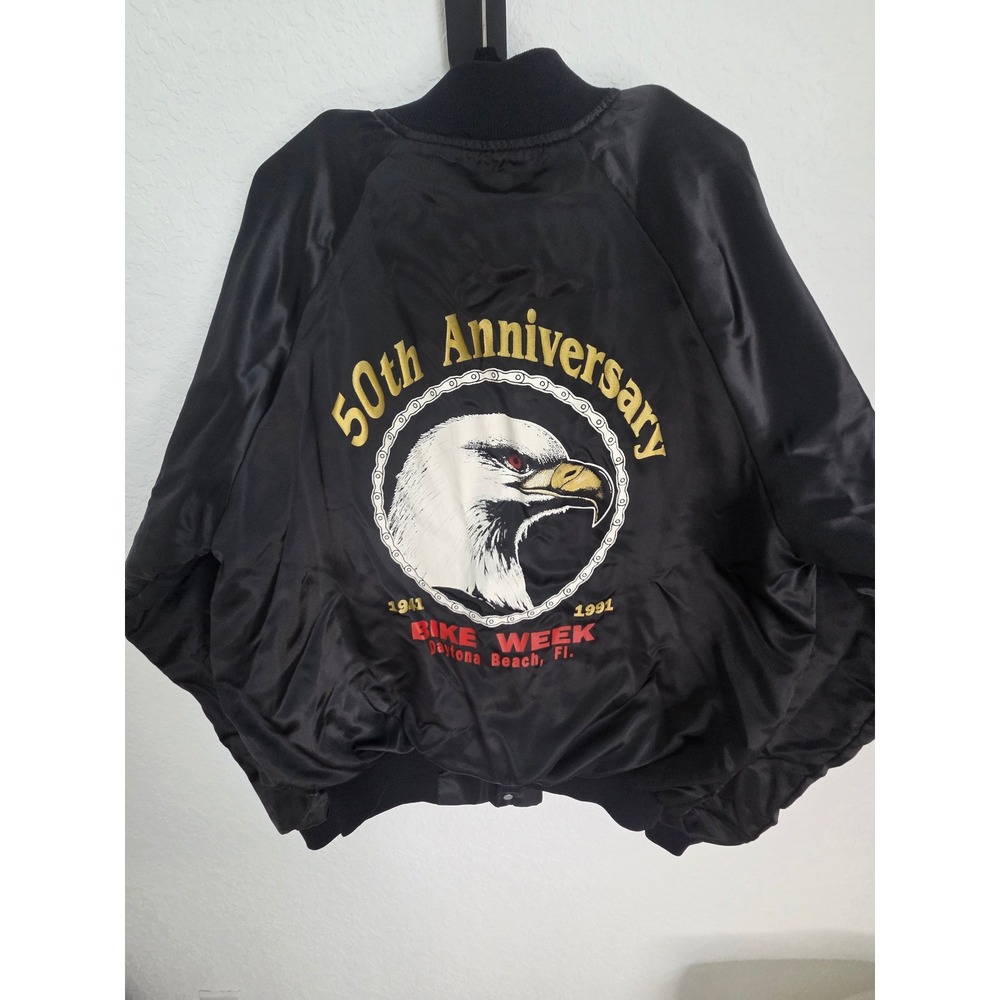 Vintage 1991 Daytona Bike Week 50th Anniversary Satin Bomber Jacket Black Size L